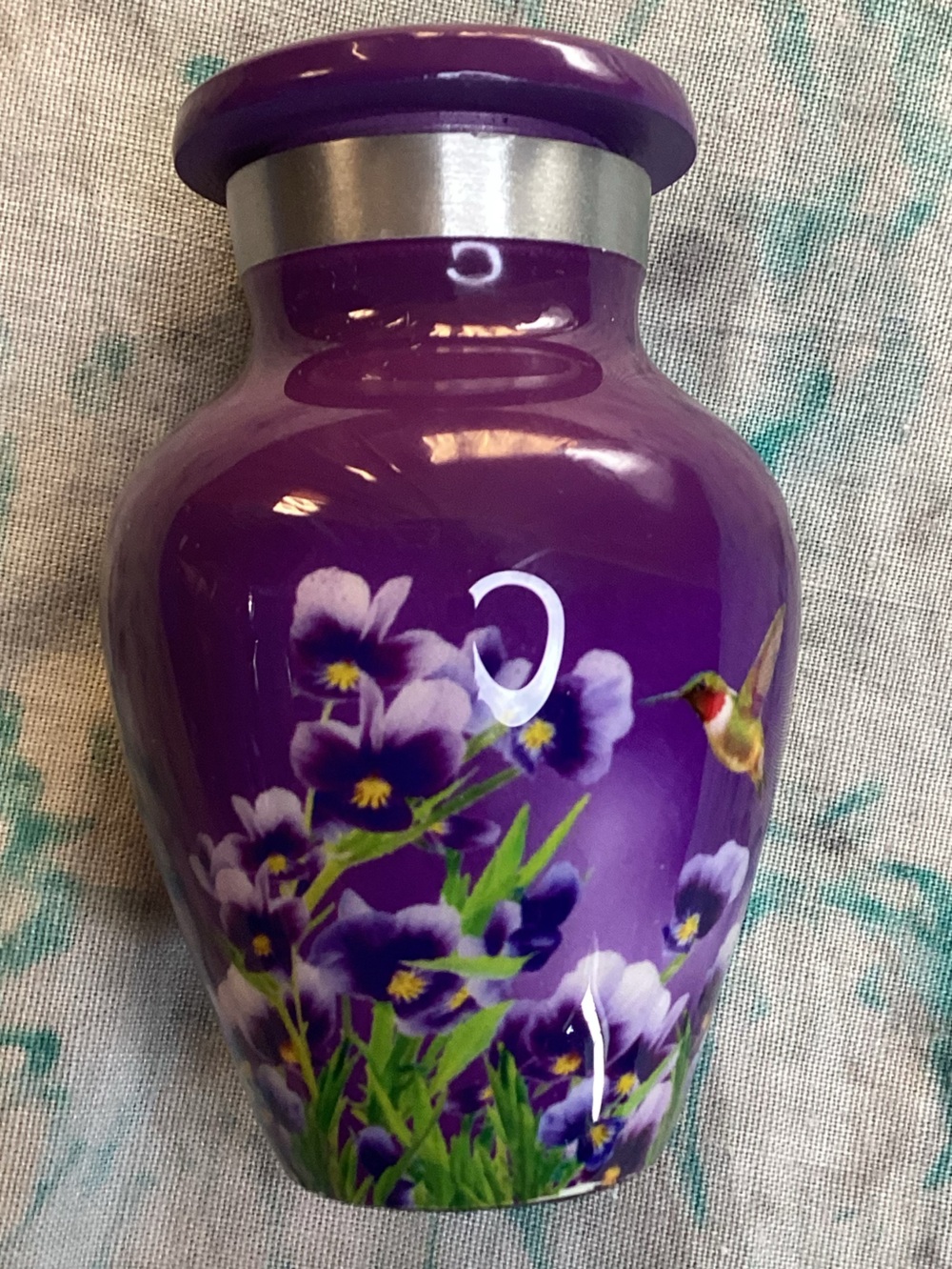 Minature Purple Floral Decorative Cremation Keepsake Urn with Silver Neck